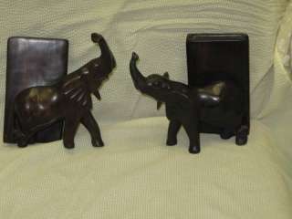 Pair @ 2 Vintage Hand Carved Wood Elephant Book Ends 8  