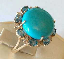   GENUINE TURQUOISE LONDON BLUE TOPAZ AND DIAMOND RING 10KT GOLD  