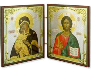 Foldable Russian Icon Christ Mary Wood Gold Silver Foil  