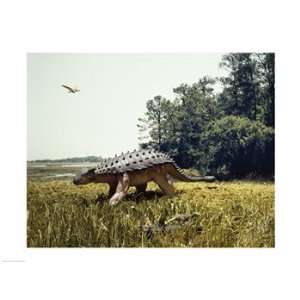 com Ankylosaur walking in a field and a pteranodon flying in the sky 