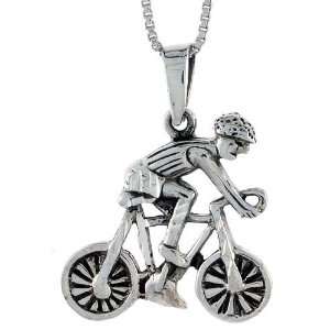925 Sterling Silver Cyclist Pendant (w/ 18 Silver Chain), 1 5/16 inch 