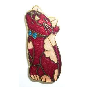  Red Cloisonne Smiling Cat Pin Jewelry