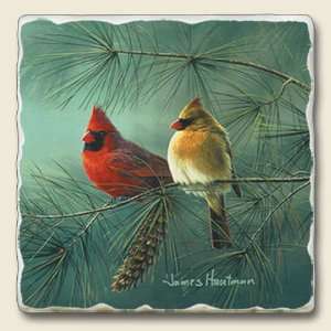 Redbirds in Pine Tree Tumbled Stone Coaster Sets Kitchen 