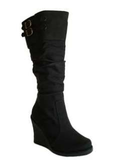 Stylish Slouchy Buckle Detail Knee High Wedge Boots Black Tuck in 
