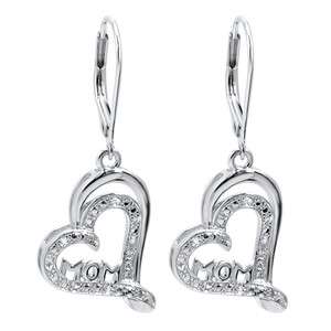 Diamond Heart with Mom Lever Back Earrings in Sterling Silver  