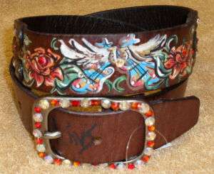 NEW LEATHER HAND PAINTED GUITARS AND WINGS BELT  