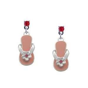 Pink Flip Flop with Crystal Flower Red Swarovski Post Charm Earrings 