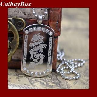   Stainless Steel High Polished Dragon Dog Tag Crystal Pendant Necklace