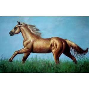  A Running Brown Horse in Green Field Oil Painting 24 x 36 