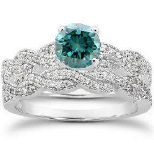   Inc. 1.00CT Blue Diamond Engagement Wedding Ring 14K White Gold Set