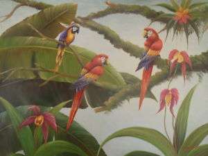 36x48 Oil Painting Art Parrots Tropical Orchid Flowers  
