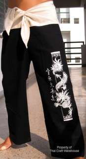 Black on White Thai Yoga Pants Dragon Column sz XL  