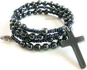 Black Hematite Coil Wrap Rosary Bracelet Cuff Religeous  