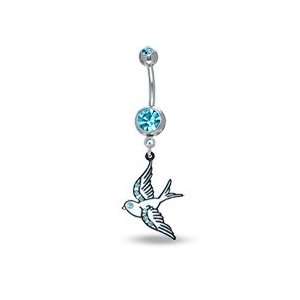 014 Gauge Sparrow Belly Button Ring with Blue Cubic Zirconia in 