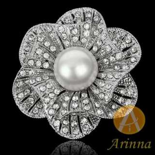 ARINNA chic flower pearl rhinestone fashion Brooch Pin 18K WGP 