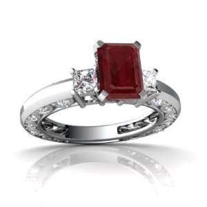  14K White Gold Emerald cut Genuine Ruby Engagement Ring 