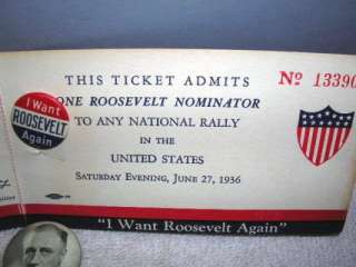 1936 Roosevelt Campaign Lot, Button, Ribbon, Ticket  