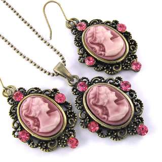Antique VTG Style Pink Cameo Necklace Earrings Set s73  