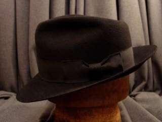 VINTAGE BLACK FEDORA HAT Black on Black Size 7 1/4  