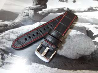 Genuine Leather Watch Strap   Crocodile Grain with Red Stitching 