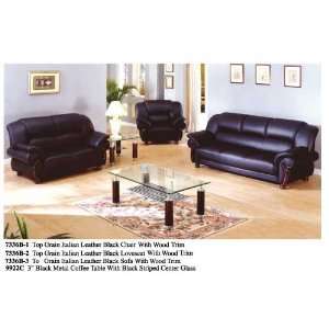  Top Grain Italian Leather Black Chair with Wood Trim