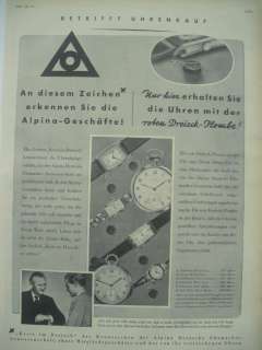 ALPINA Taschenuhr Armbanduhr original Werbung Reklame von 1938  