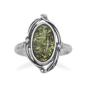 Oval Green Amber Ring with Leaf Design Jewelry