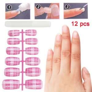 Rosallini Checker Pattern Pink Plastic 3D Faux Nail Fingernails 12 Pcs 