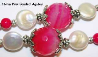 Hot Pink Agates~LOVELY White Stick & Coin Pearls~Jades~ID Badge Holder 