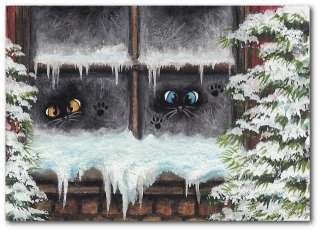   Cat Frosty Paws in Window Winter Snow Fun ArT   BiHrLe LE Print ACEO