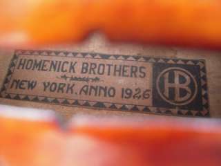 LABELED VIOLIN BY HOMENICK BROTHERS NEW YORK ANNO 1926  
