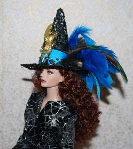 lMini Teal Salem Witch Hat 4 Cats & Moon Pin   Doll  