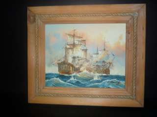   OIL PAINTING BY J HARVEY  TWO OLD BATTLESHIPS AT WAR SIGNED  