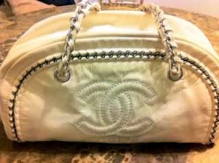 Authentic Chanel White Patent Leather Large Tote Shoulder Bag Silver 