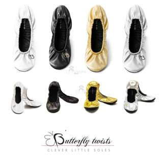   Twists Ballet Pumps Flats Fold Up Shoes Faux Black Gold Silver White