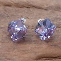 Blue Crystal Prism Cube .925 Silver Post Earrings  