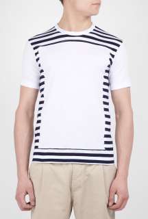 COMME des GARCONS SHIRT  Blue Stripe Inset White Square T Shirt by 