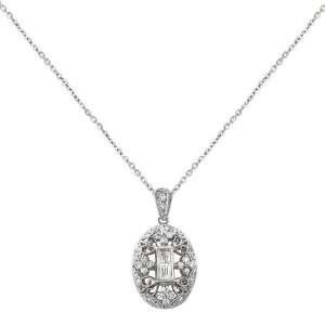  18k White Gold Vintage Style Oval Diamond Pendant Jewelry
