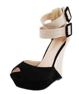 Womens 5 Wedge Heel Platform w/ Two Ankle Strap Black Faux Suede 