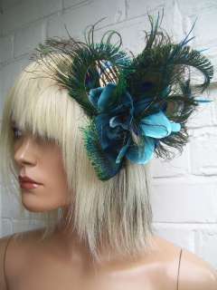Teal Blue Orchid Flower Peacock Feather Fascinator  