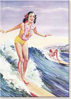 VINTAGE HAWAII Hawaiian Magnet SOLID Hula Girl Surfing  