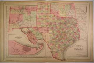 Texas w/ Galveston inset 1884 Mitchell antique folio color map  
