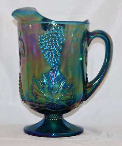 Indiana Blue Carnival Glass Harvest Grape Pitcher  