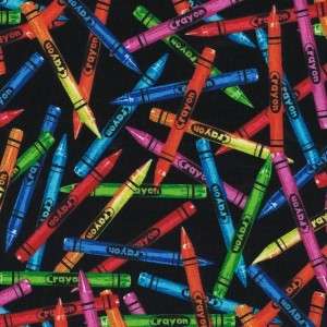 SCHOOL   BRIGHT CRAYONS ON BLACK~ Cotton Quilt Fabric  