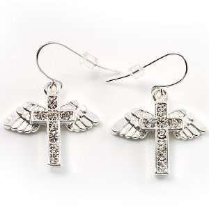  Crystal Cross And Wings Drop Earrings: Jewelry
