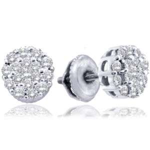 Round Diamond Cluster Post Stud Fashion Earrings 14k White Gold .50 CT