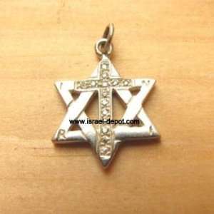   Silver Messianic Magen David Star Cross Pendant CZ 