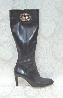 GUCCI ITALY LIFFORD BLACK LEATHER KNEE HIGH LOGO HEEL BOOTS 6 LN 