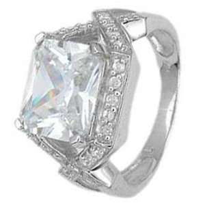 Sterling Silver Engagement Ring With Emerald Cut Cubic Zirconia With 