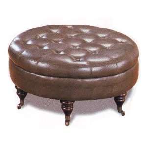   Brown Faux Leather Button Tufted Round Ottoman Bench